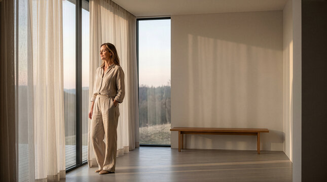 Peaceful woman looking out window at sunset