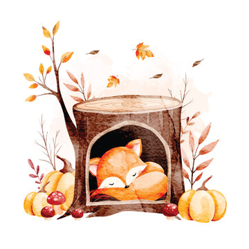Watercolor Illustration of Sleeping Fox with Autumn Leaves