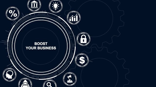 Boost Your Business concept with icons and gears on dark blue background business growth success