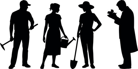 Black silhouettes of diverse gardeners and agricultural scientists with tools like shovels and watering cans isolated on a white background. © BIPUL