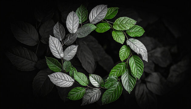 Green and grey leaves arranged in a circular wreath on dark background 