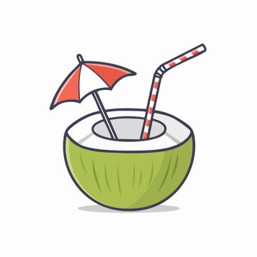 Cartoon Coconut Drink with Umbrella and Straw