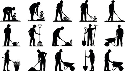 Black silhouette set of professional gardeners and farmers working with tools like shovels rakes and wheelbarrows planting growing organic garden plants. © BIPUL