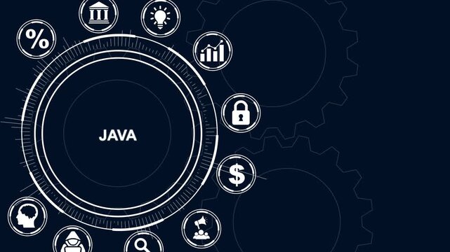 Java programming language concept with icons and gears on dark blue background coding software
