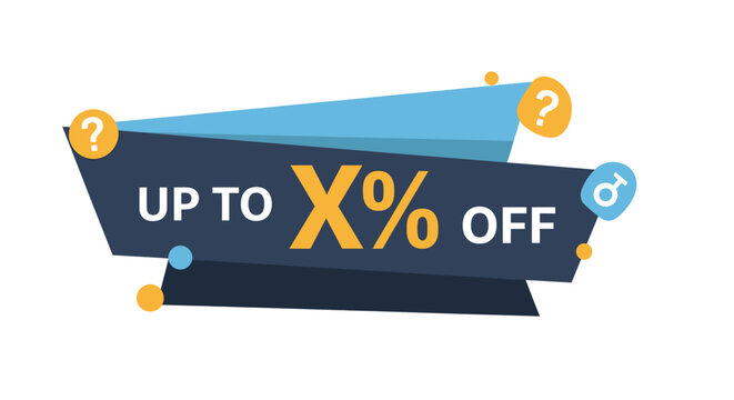 Discount promotional banner with question marks on blue and orange labels