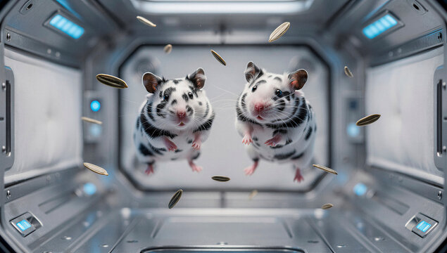 Dynamic duo of playful hamsters suspended in a captivating zero-gravity dance, exploring a futuristic spaceship interior amidst a flurry of floating food
