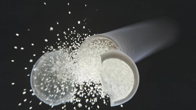 Axon terminal bursting open to release vesicles &ndash; slow-motion explosion of tiny glowing spheres, dark background. no text