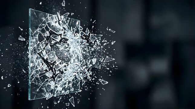 Shattered square glass pane exploding in slow motion against black background