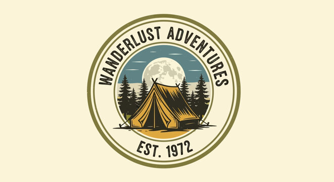 Retro outdoor camping emblems with pine trees and night sky