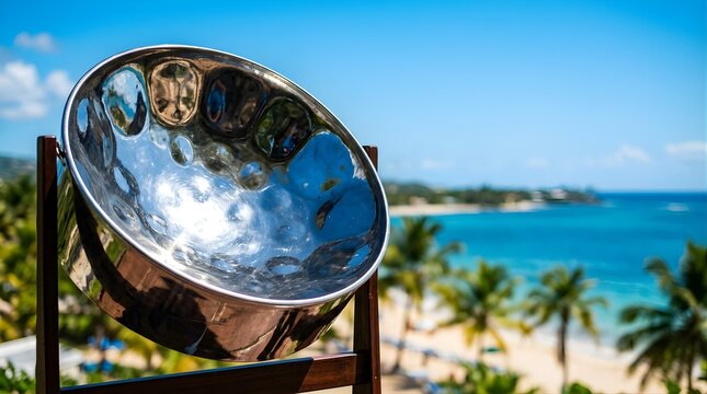 Shiny steel pan drum standing on a tropical Caribbean beach under blue sky