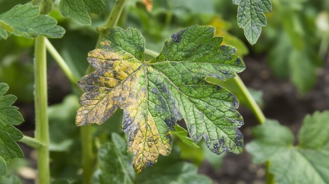 Close-up of a diseased plant leaf showing discoloration and spots.