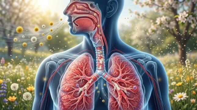 Human respiratory system affected by airborne allergens in a blooming meadow
