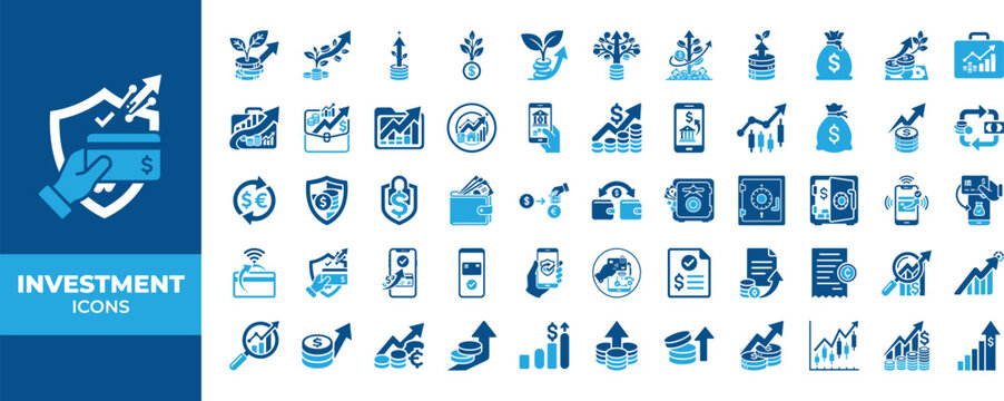 A collection of blue icons representing financial growth banking services investment strategies and digital payment methods for business and finance