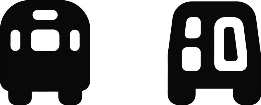 Two bus and car icons on transparent background, front view, public transport, automobile, passenger vehicle, road transport, automotive concept.