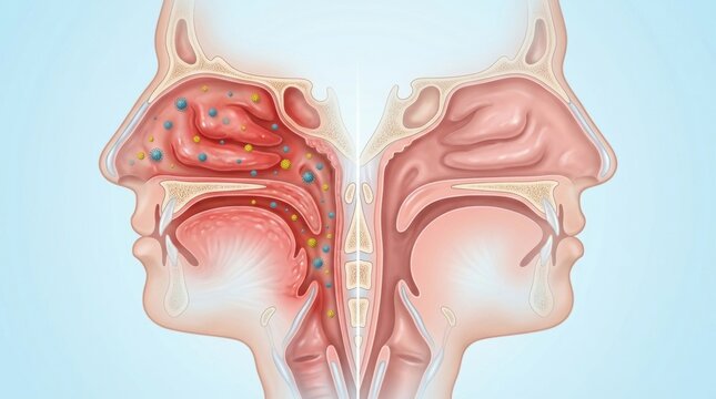 Diagram of human nasal cavity showing viral infection and inflammation