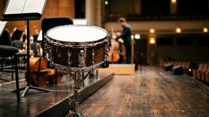 Obraz premium Snare drum placed on a stage in an empty concert hall before performance