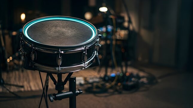 Snare drum with glowing blue rim light in a professional recording studio