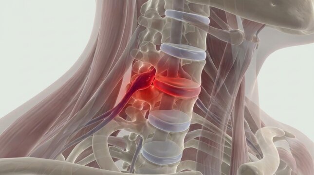 Close-up of a herniated disc compressing a nerve in the cervical spine
