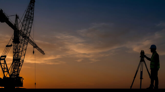 Silhouette of a surveyor using a total station on a tripod at a construction site with a large crane against a sunset sky