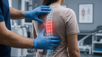Obraz premium Doctor examining patient's spine with highlighted pain points in a medical clinic