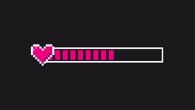Life meter bar indicator with heart in pixel style. Transparent Alpha Channel 4K.