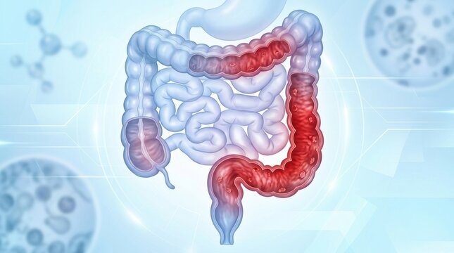 Illustration of inflamed colon and intestines with red inflamed areas indicating disease