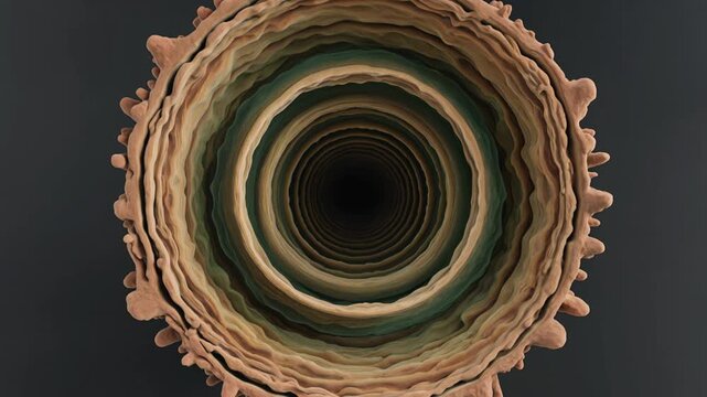 Myelinated axon cross-section resembling a tree trunk ring pattern, abstract scientific art, earthy colors. no text