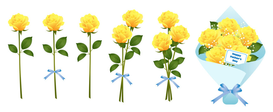 黄色の薔薇の花のイラスト素材セット ベクター 花束 父の日 白背景 春