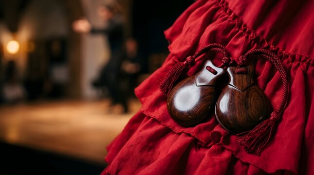 Wooden castanets held on a red flamenco dancer skirt for musical rhythm