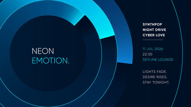 Cyan blue circle abstract synthpop music poster template with neon rings on dark background