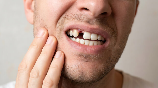 Man showing a missing front tooth and touching his cheek due to dental pain or injury