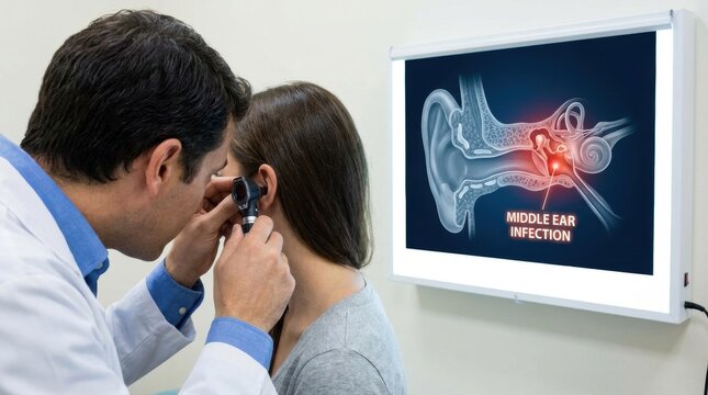 Doctor examines patient's ear with otoscope, anatomical diagram of middle ear infection displayed