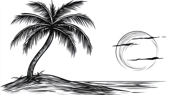 Tropical Island Silhouette Drawing, Palm Tree, Sunset Moon, Graphic Design, Stock Image