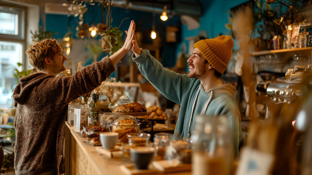High five moment between friends at a cozy cafe