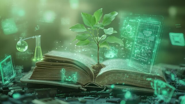 Ancient knowledge, budding innovation, science book, growth, future