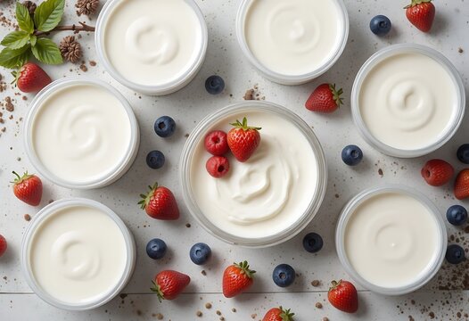 Fresh yogurt in bowls with strawberries and blueberries on a wooden table. yaourt pot