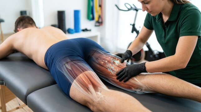 Physical therapist examines patient's leg muscles with anatomical overlay