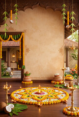 Fototapeta premium Traditional Celebration Setup for a Festival With Floral Decorations and Lamps in a Courtyard