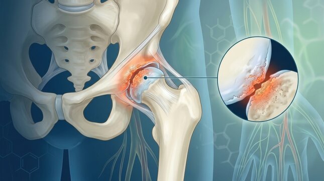 Close-up view of hip joint showing signs of osteoarthritis and inflammation