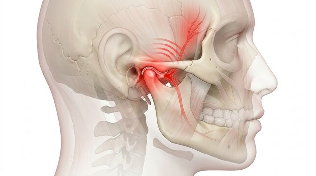 Close-up medical illustration of the human temporomandibular joint with pain indicators