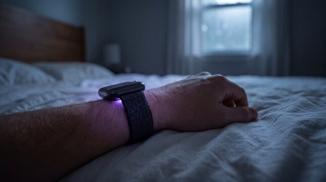 Glowing smartwatch on wrist during deep sleep