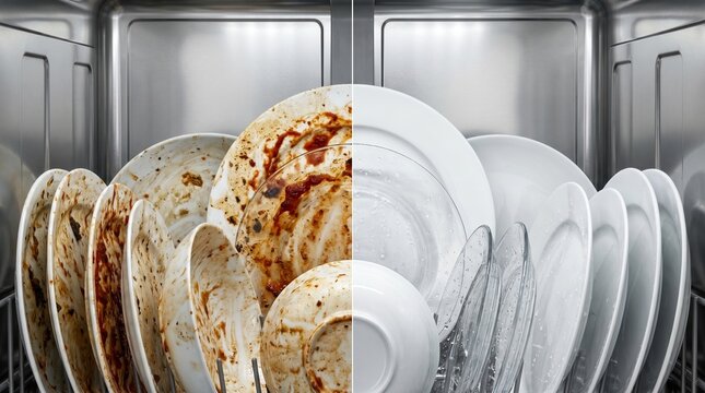 Closeup View of Dishwasher Before and After Cleaning Cycle Comparison