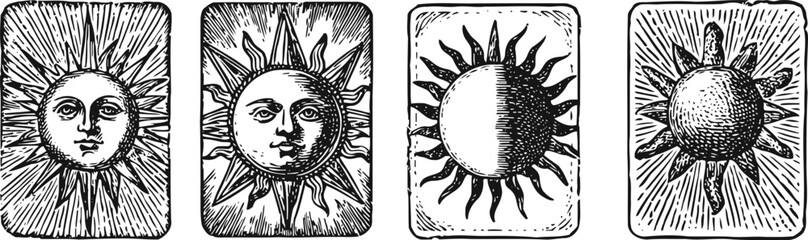 Obraz premium vintage sun illustrations with rays, faces, and celestial designs in engraving