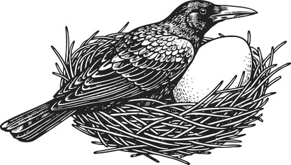 Fototapeta premium Detailed engraving of a raven sitting in a nest with a large egg, vintage black and white bird illustration