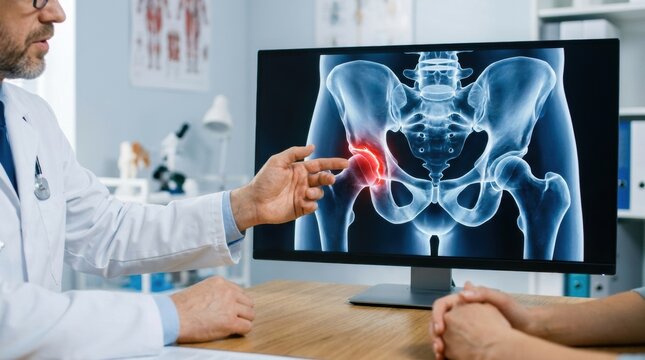 Doctor discusses hip joint X-ray with patient, highlighting pain area