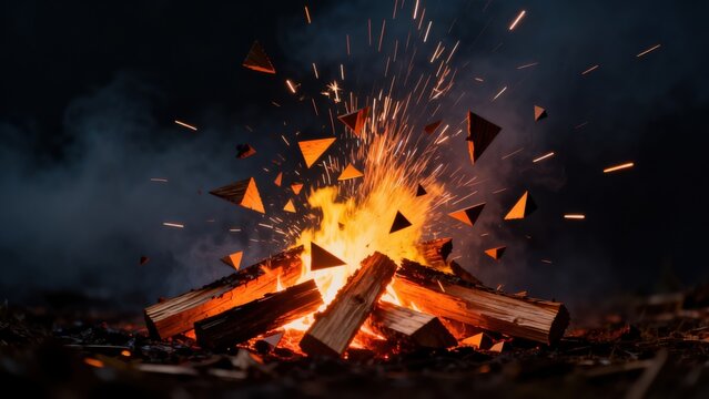 Burning wood fire with sparks