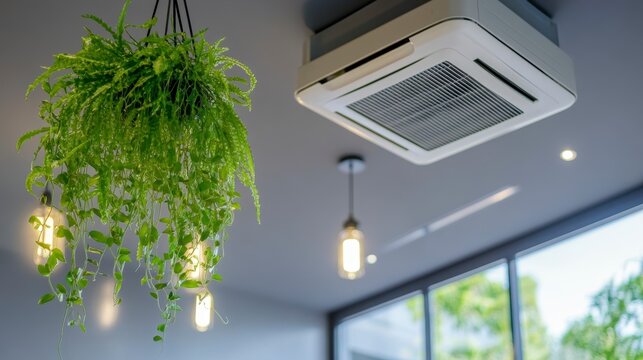 Hanging plant and ceiling air conditioner in modern interior.