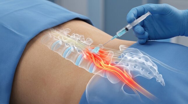 Medical illustration shows injection into inflamed spinal nerve root causing sciatica pain