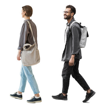 young woman and man walking full length portrait isolated transparent PNG, student girl and men full body photo with transparent background precisely cut out with clipping path.