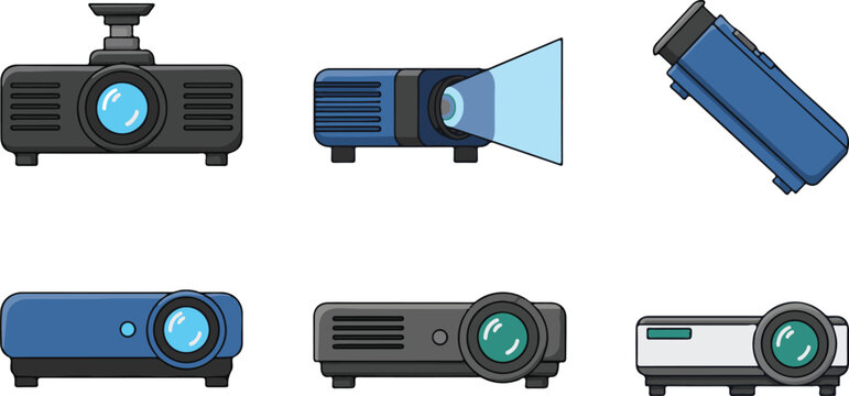 Digital projector illustration set showing multimedia presentation devices lenses light beams and portable equipment on white background for technology icons
